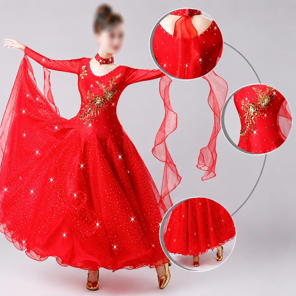 Ballsaal Tanzkleid Für Damen, Elegantes Langarm Tanzkleid Für Walzer Und Tango Modisches Tanzkleid Mit Rundhalsausschnitt Und Strass Für Tango Cha-Cha Rumba Salsa Und Partys