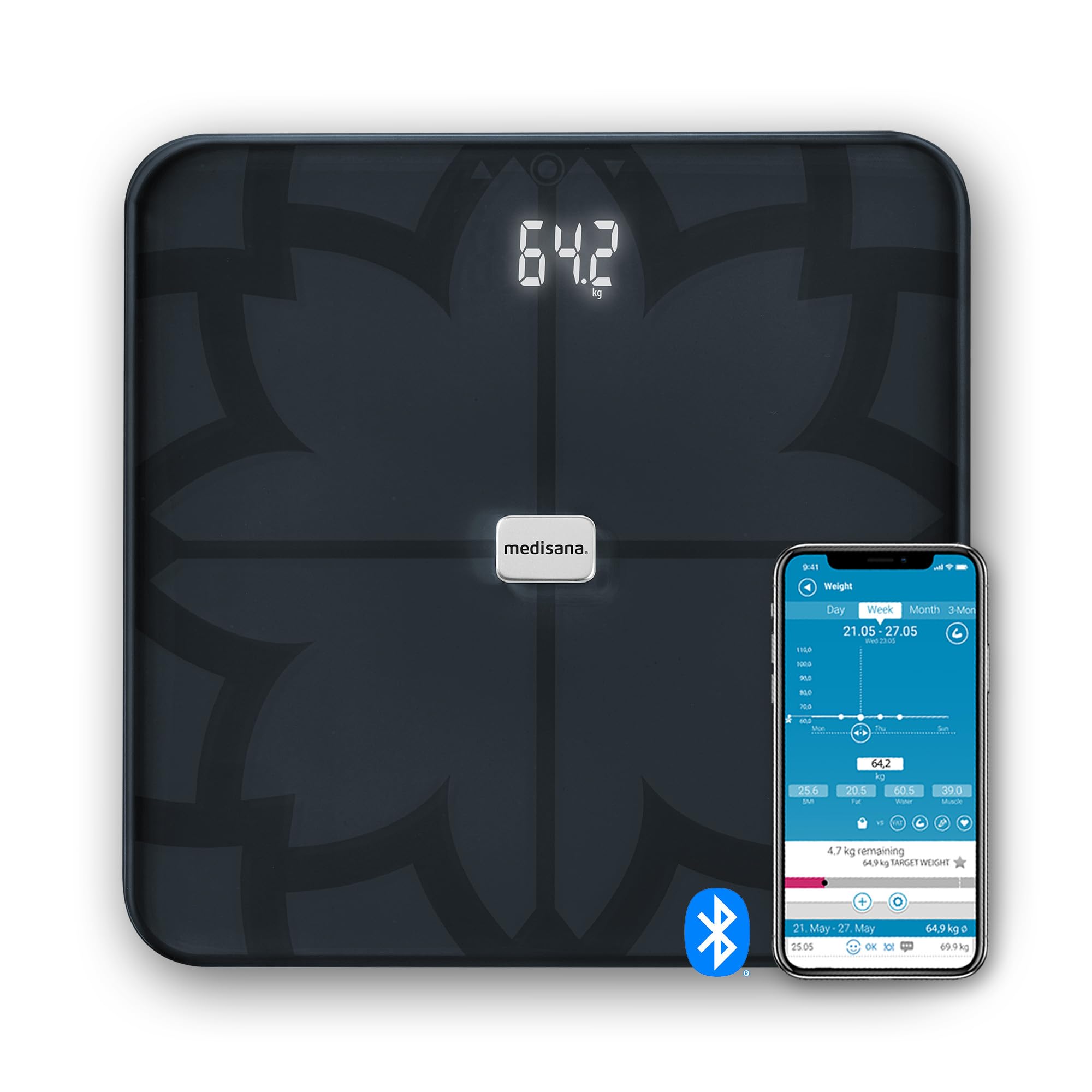 medisana BS 450 connect Bilancia digitale per il corpo, Bilancia personale, Bilancia per la massa grassa con app, Misurazione della massa grassa, Della massa muscolare e del peso osseo, Nero