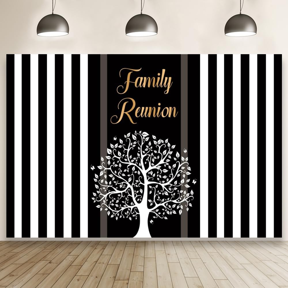 10x8ft Family Reunion Large Backdrop Family Tree Leaves Welcome to Our Family Members Black White Stripes Photography Background Gathering Golden Party Decorations Supplies Photo Banner Booth Props
