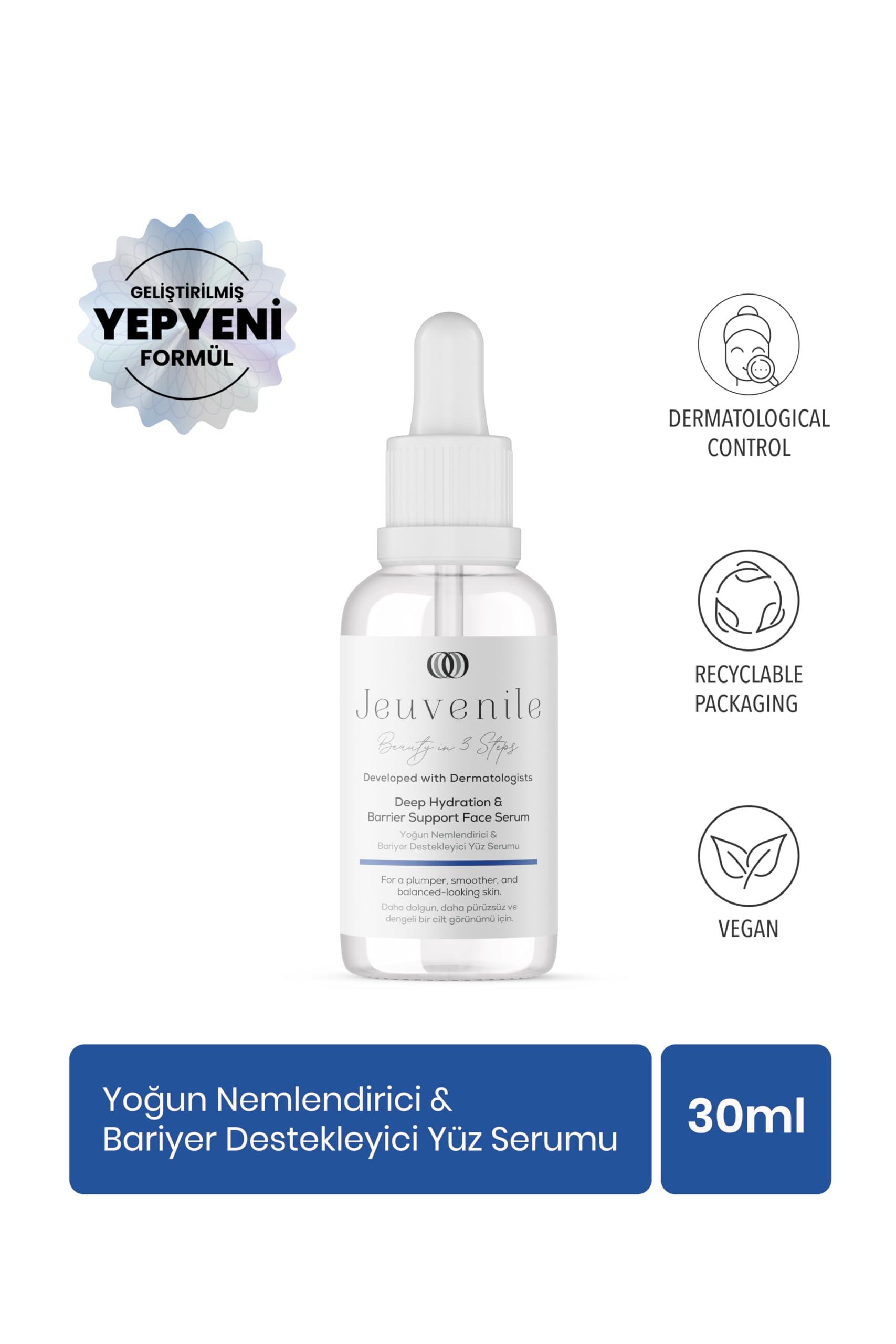 Jeuvenile Hyaluronic Acid Yüzde İki ve Provitamin B5 Yüzde 3 ve Vitamin B3 Yüzde Üç Yoğun Nemlendirici Serum 30ml