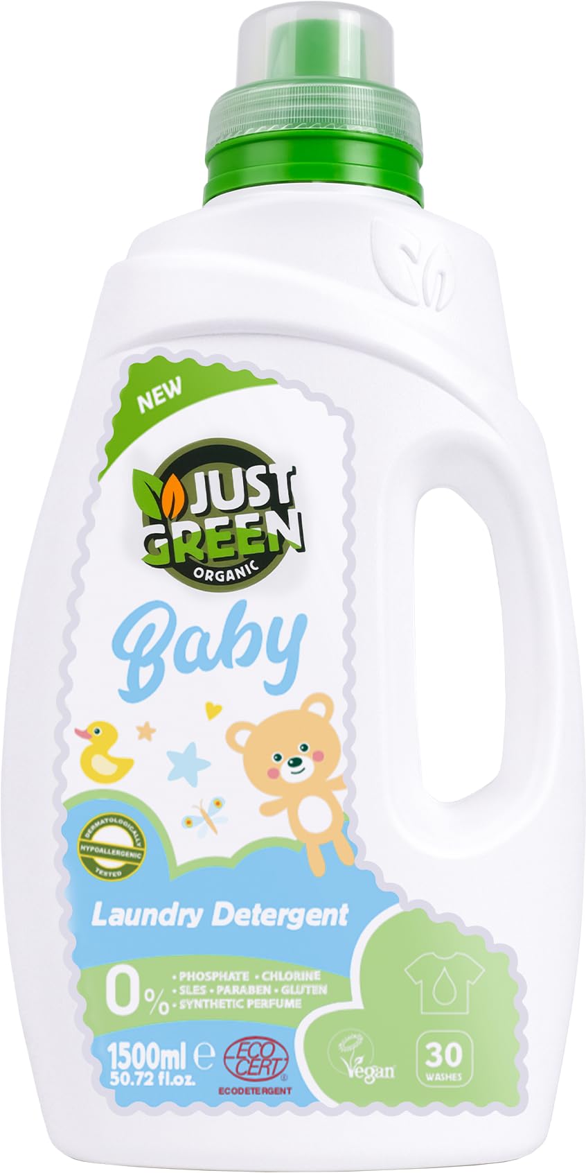 Just Green Organic Baby Laundry Liquid 1500ml, Dermatologically Tested Hypoallergenic, Vegan Baby Liquid Detergent, No Chlorine & No Paraben & No Gluten, Recyclable Bottle