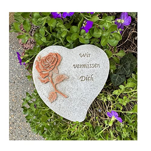 Grabherz Gedenkstein - Wir vermissen Dich - Grabschmuck Trauerherz 13cm 600g Handarbeit Rose Rost