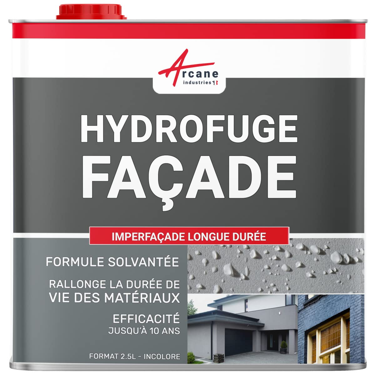 Hydrofuge façade, imperméabilisant pour mur, pierre, brique, enduit, crépi, imperfacade - 2.5 L (jusqu'à 12.5 m²) - ARCANE INDUSTRIES