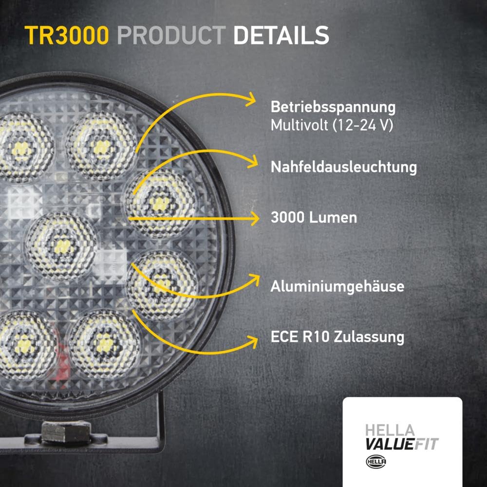 HELLA Valuefit 1G0 357 113-002 Led-Projecteur De Travail Tr3000 - 12/24V - 3000Lm - Montage En Saillie/Vissé - Support De Montage Pivotant - Éclairage Du Champs Proche - Câble: 800Mm