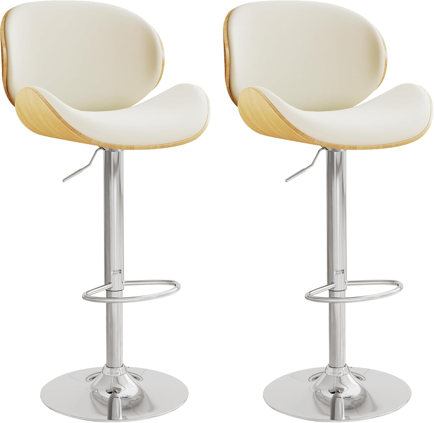 thksbought 360° Swivel Adjustable Barstools Set of 2,PU Leather Upholstered Bar Chairs with Footrest,Wood Counter Stools for Kitchen, Bar,Dining Room(Beige)