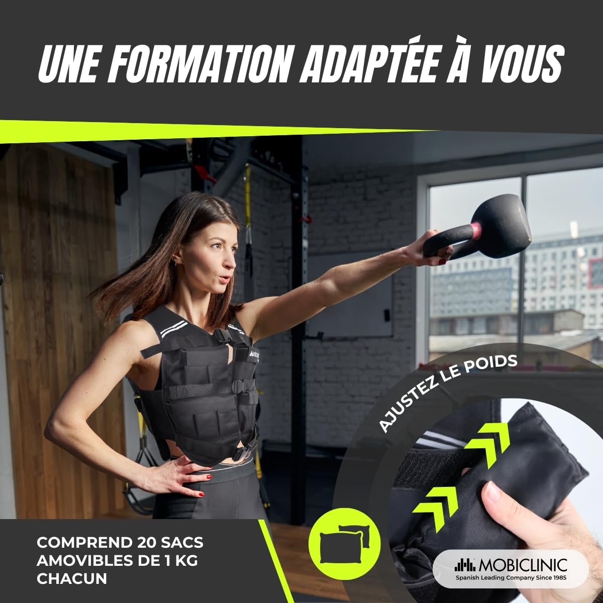 Mobiclinic®, Gilet Lesté, 10/20kg, Gilet de Poids, Réglable, Résistant, Tissu Oxford 600D, Poids Inclus, Bandes Réfléchissantes, Respirant, Gilet avec Poids pour Entraînement Fitness, Iron
