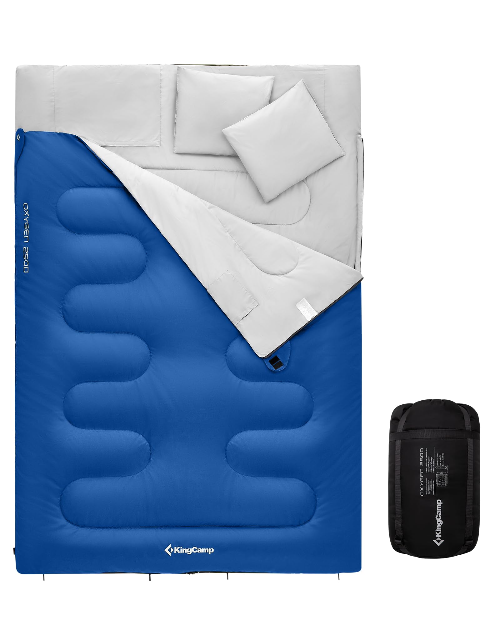 KingCamp Deckenschlafsack,Doppelschlafsack,220x150cm mit 2 Kissen,Schlafsack für 2 Personen,12℃ bis -3℃ für Familien, Camping und RV-Reisen