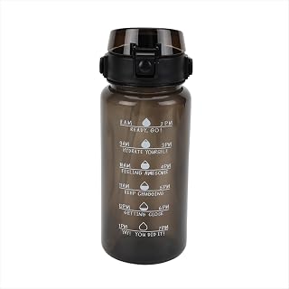 48 oz Plastic Water Bottle with Motivational Time Marker, Smoke Translucent Flip Straw Water Jug, Leakproof Reusable Sports Hydration Bottle for Gym Hiking Office Travel Outdoor Workout