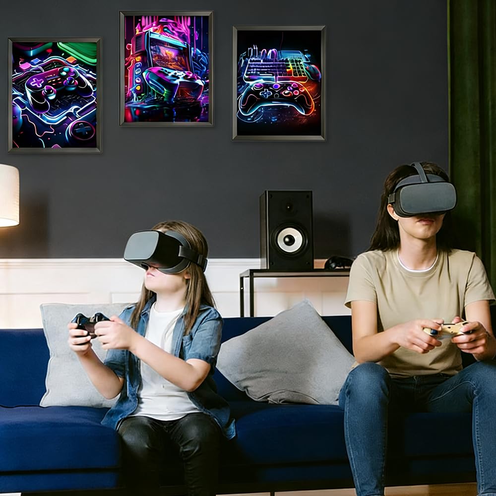 3 Estampes D'art Mural Affiche Manette de Jeu Vidéo Néon Poster Gaming 30x40 cm Sans Cadre