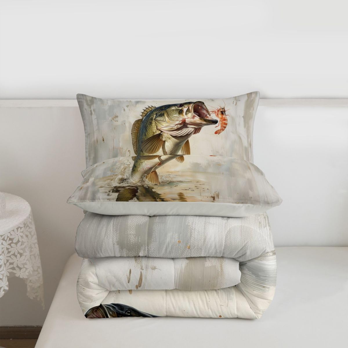 Homemissing Bass Fish Letto Trapuntato Caccia E Pesca Per Ragazzi Ragazze Country Lodge Set Piumini 230x220cm 3 Pezzi Room Decor