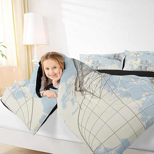 Miniatura 7 de Juego de edredón náutico tamaño matrimonial, juego de ropa de cama con mapa del mundo para niños, niñas y adolescentes, funda de edredón con diseño