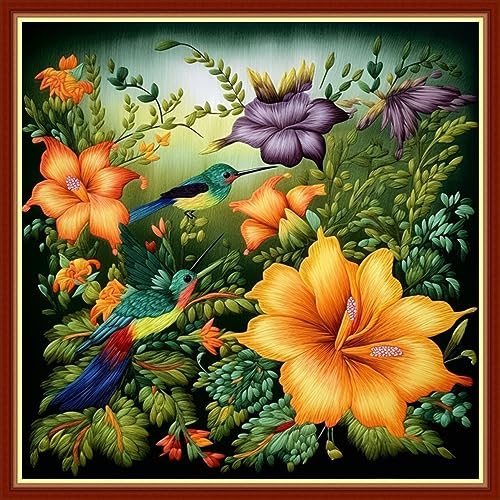 Image of Findvoor Stamped Cross Stitch Kits for Beginners Full Range of Cross Stitching Embroidery Pattern for Adults, 11CT DIY Needlepoint Embroidery Starter Kits-Hummingbird Flowers 17.7x17.7 inch