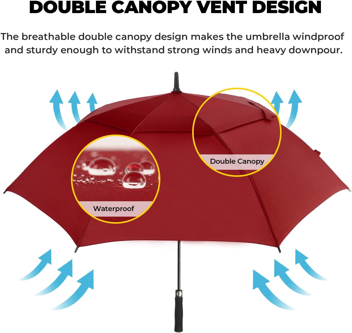 Automatic Open Golf Umbrella 54/62/68/72 Inch, Extra Large Windproof Vented Double Canopy Stick Umbrella, 210T Pongee Waterproof SPF 50+, Fiberglass Ribs Steel Shaft, EVA Grip for Golf & Commute - Image 3