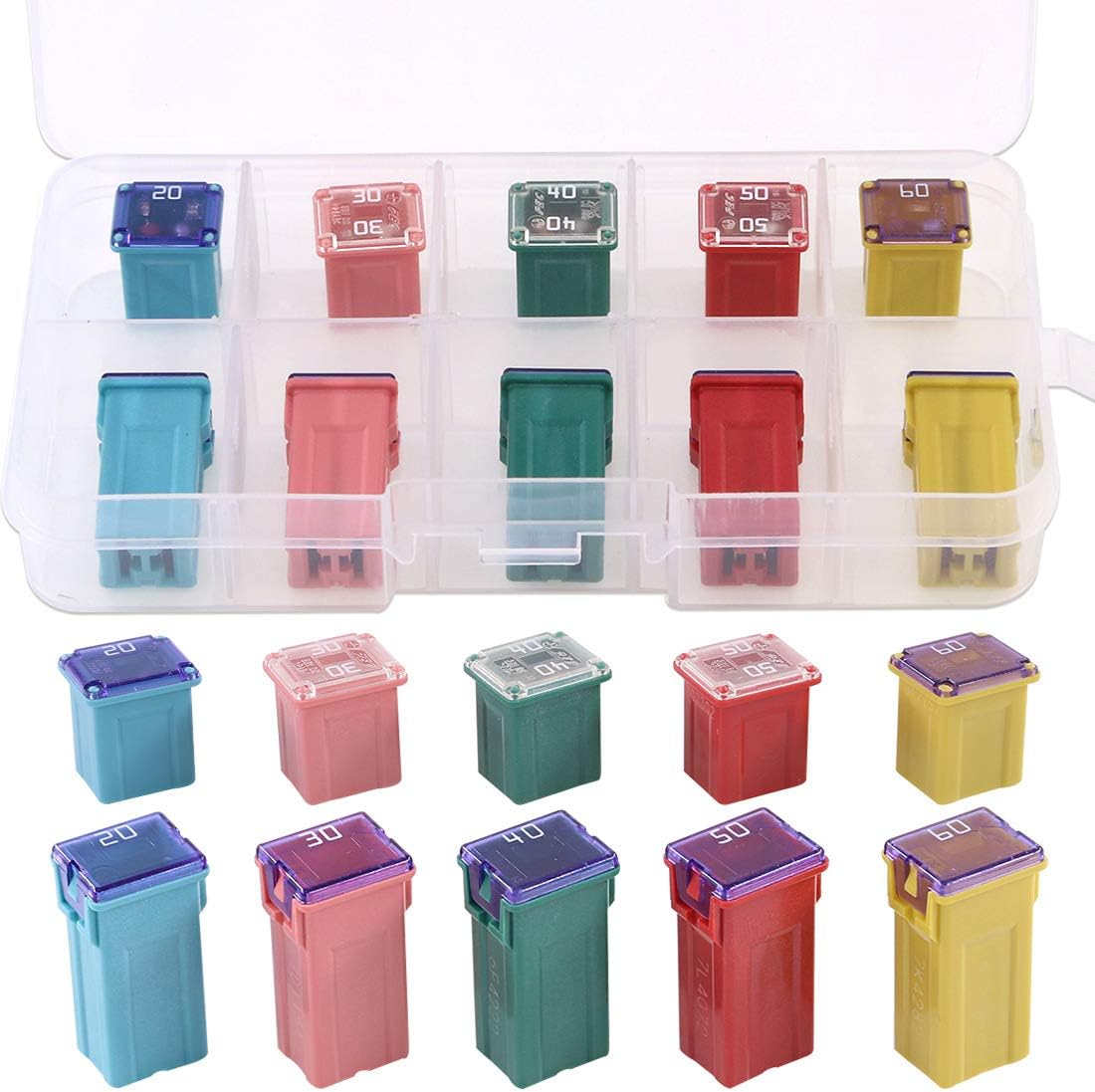 Glarks 10Pcs Automotive Low and Tall Profile Box Shaped Jcase Fuse 20A 30A 40A 50A 60A Fuse Assortment Kit