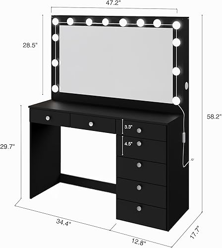 Miniatura 2 de Boahaus Diana - Tocador blanco con espejo y 11 luces, 7 cajones, pomos de cristal, puertos USB-C + USB-A, toma de corriente de 110V, parte superior