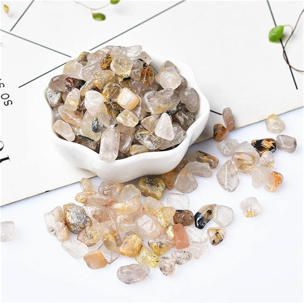Wholesale Natural Quartz Polished Healing Crystals Loose Chips Rutilated Quartz Gravel 7mm-9mm for Fish Tank Decoration (1000g)