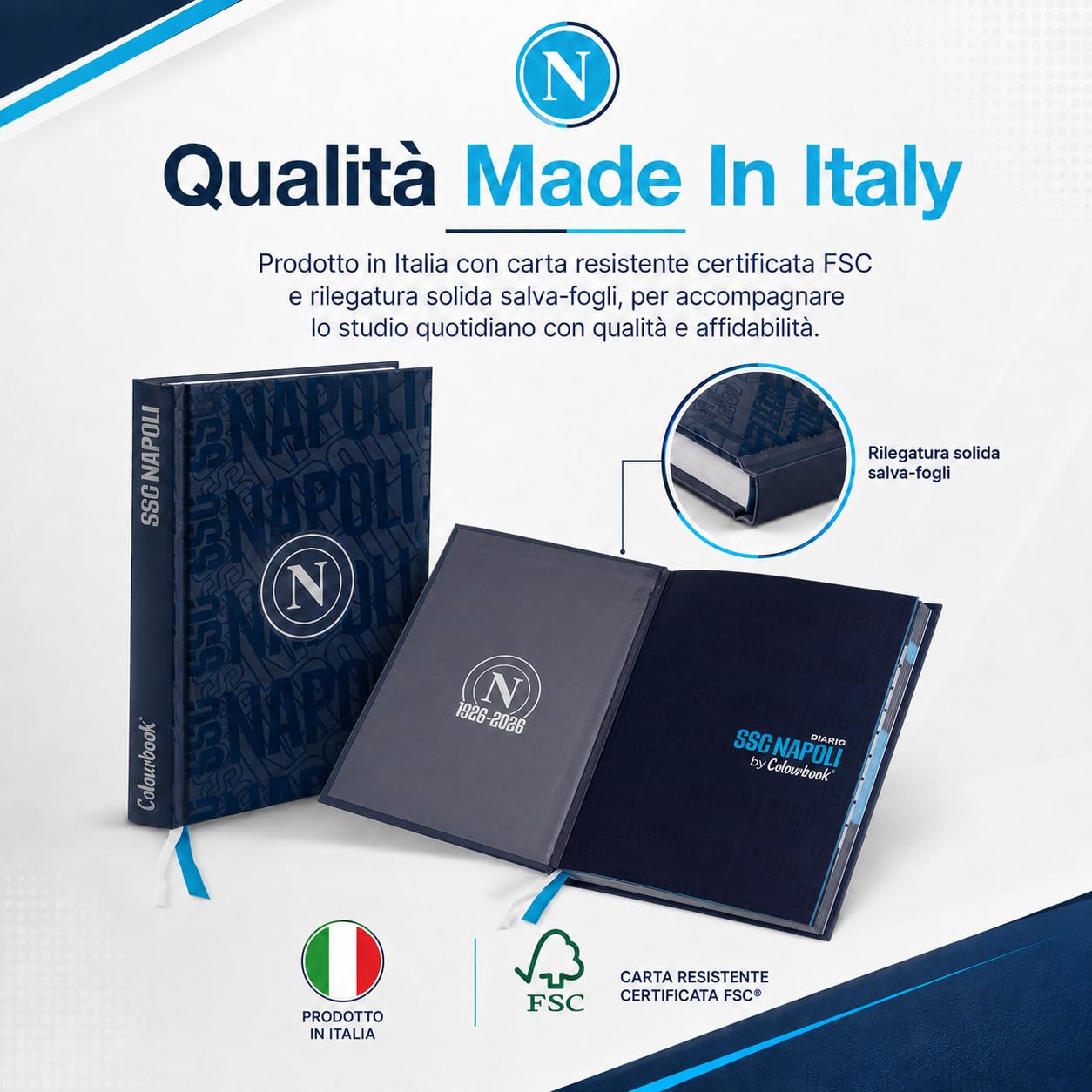 Colourbook Diario Scuola 2026 2027 SSC Napoli | Licenza Ufficiale, 12 Mesi Non Datato, 12x19x2,5 cm, Stickers Adesivi Inclusi, Carta FSC Certificata