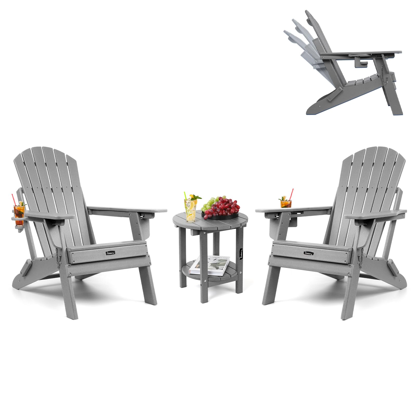 FUNBERRY Adjustable Backrest Adirondack Chair 1/2/4 (Gray, 2 Chairs+1 Table)