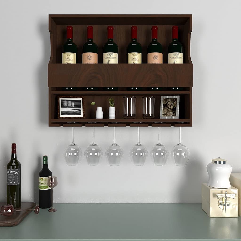 ODEJIA Jorden Wooden Wall Hanging Design Bar | Bar Cabinets for Home | Mini Bar for Home | Solid Wood Wine Storage Cabinet with Glass Hanging Space Color Walnut Finish