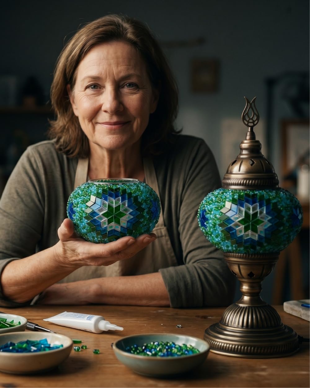 DEMMEX Kit fai da te con lampada a mosaico turco, set regalo completo per adulti e ragazzi, decorazione per la casa facile e divertente, lampada da tavolo (classica, turchese)