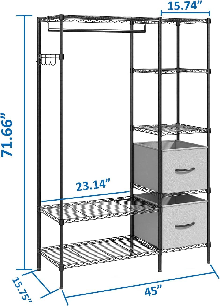 Armario Abierto Perchero con estantes Armario Abierto de alambre para ropa 6 niveles Vestidor de metal resistente para colgar ropa, 44.9 "L x 15.74 "W x 70.9 "H, Carga máxima 560LBS, Negro
