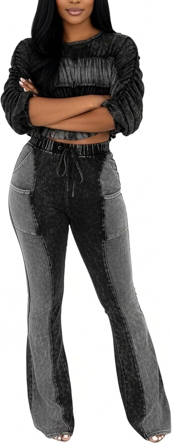 Geulis Women's 2 Piece Tracksuit off the Shoulder Puff Sleeve Crop Top Stretch High Waisted Bell Bottom Flare Pants Sets - Image 3