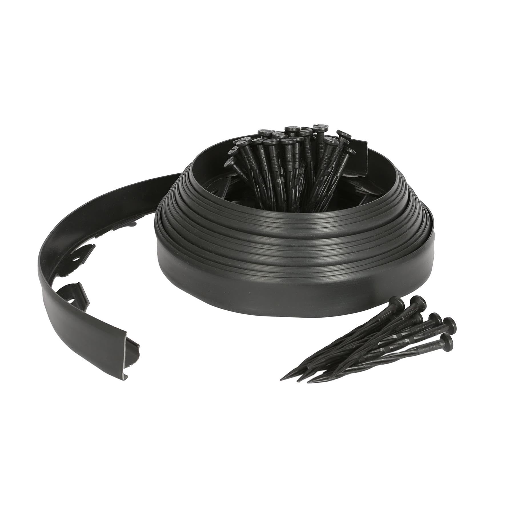 Harbour Housewares 10m Flexible Lawn Edging with 40 Pegs - Black - 4cm Height Plastic Garden Edging Grass Border Flower Bed Stone Path Edge Height 4cm Patio Landscaping Divider Palisade