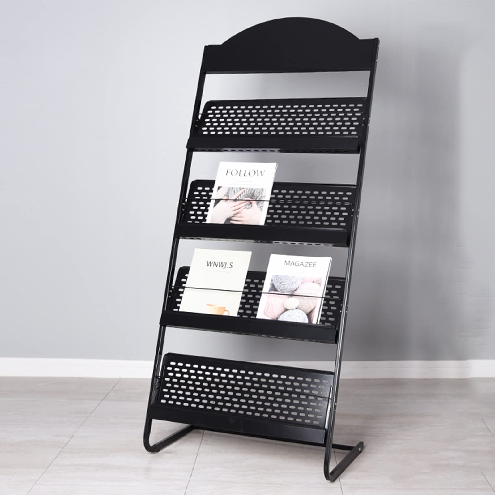 Revistero de metal de pie negro/blanco, soporte de exhibición de literatura para ventas de oficina y organización de periódicos.