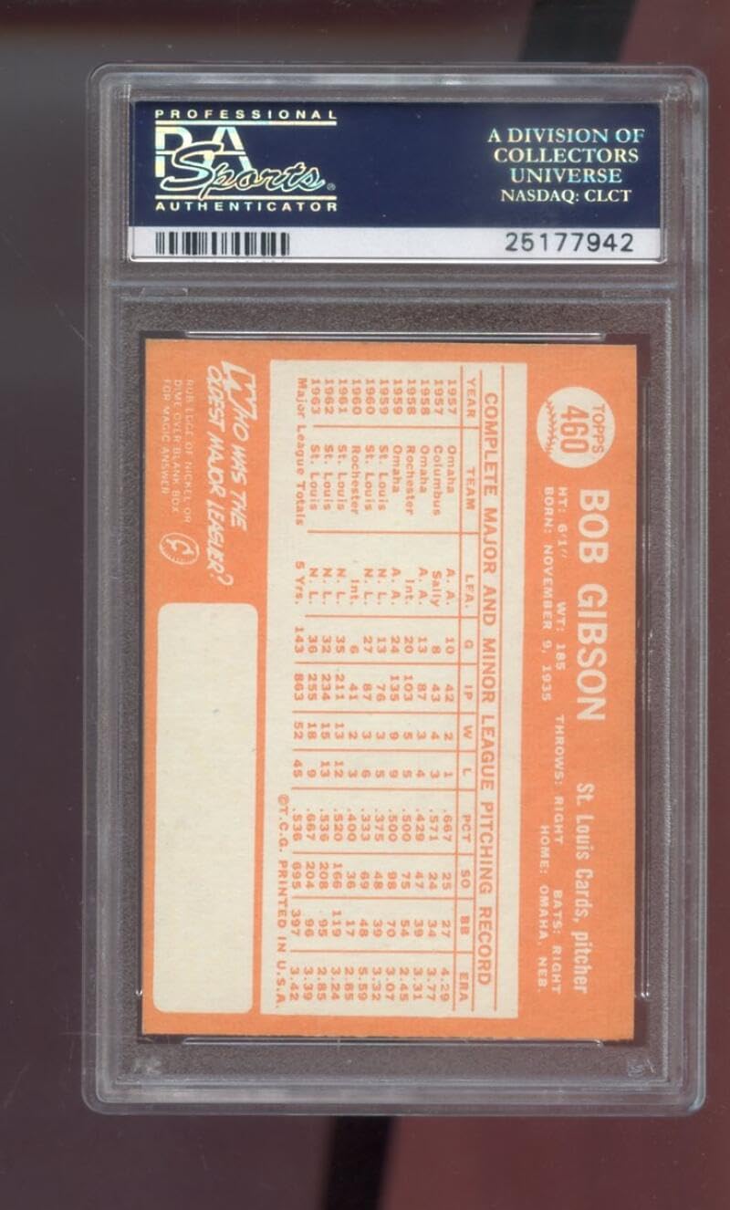 1964 Topps #460 Bob Gibson St. Louis Cardinals MLB NM PSA 7 Graded Baseball Card