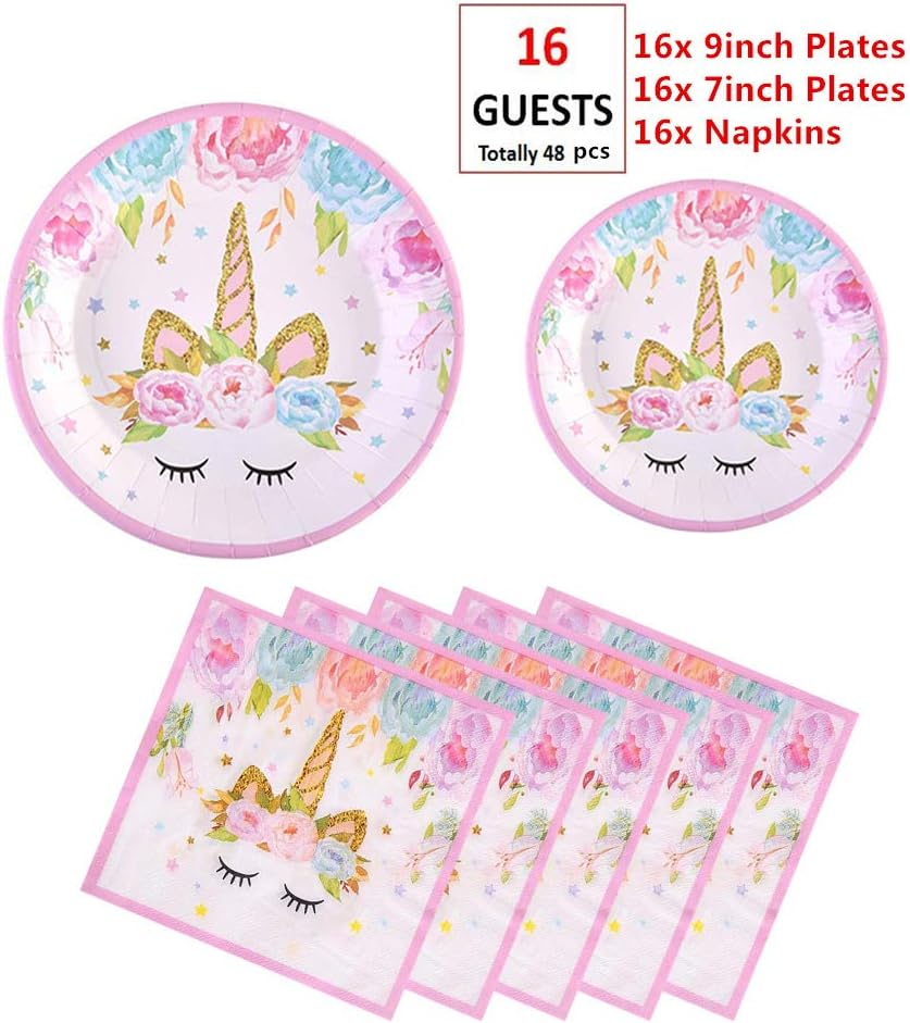 EXIJA Unicorn Party Supplies Set, 16 9inch Dinner Plates+16 7inch Dessert Plates+16 Napkins, Unicorn Plates and Napkins for Birthday Girls Party Favors,Serves 16