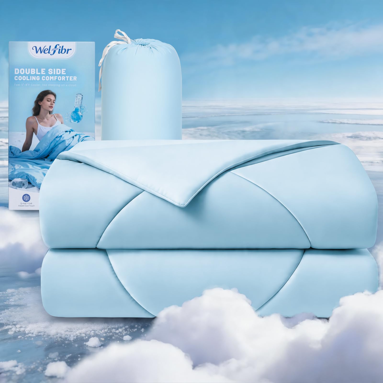 Welfibr Cooling Blanket for Night Sweats, Q-Max 0.5 Double-Sided Cooling Quilt for Hot Sleepers & Menopause, OEKO-TEX Certified Breathable Lightweight Summer Duvet,150×200cm, Blue