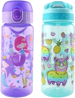 Gilano 18oz Kids Water Bottles for School BPA-Free Straw Water Bottle Chugger Bottle Spill Leak Proof Straw Flip Spout Lid Built-in Carrying Loop Handle for Boys and Girls 2 Pack - Mermaid/Alpaca