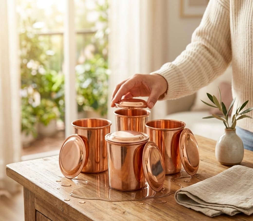 BRACOP® Miedziana karafka na wodę i szklany zestaw 1,5 litra miedziany dzbanek z 4 kubkami i pokrywkami Moscow Mule kubek szklanka dzbanek na wodę szczelny kubek naczynia do serwowania pojemnik do