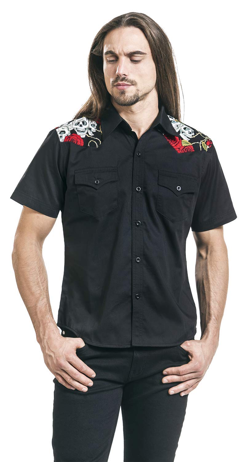 Banned Alternative Skull Rose Hombre Camisa Manga Corta Negro 60% poliéster, 40% algodón Regular