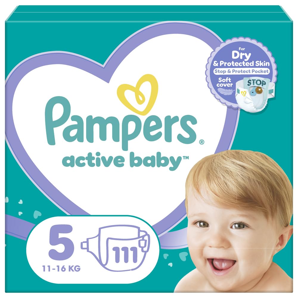Pampers Windeln Größe 5 (11-16kg), Active Baby Windeln, 110 Stück, Durchlaufschutz Ganztägig