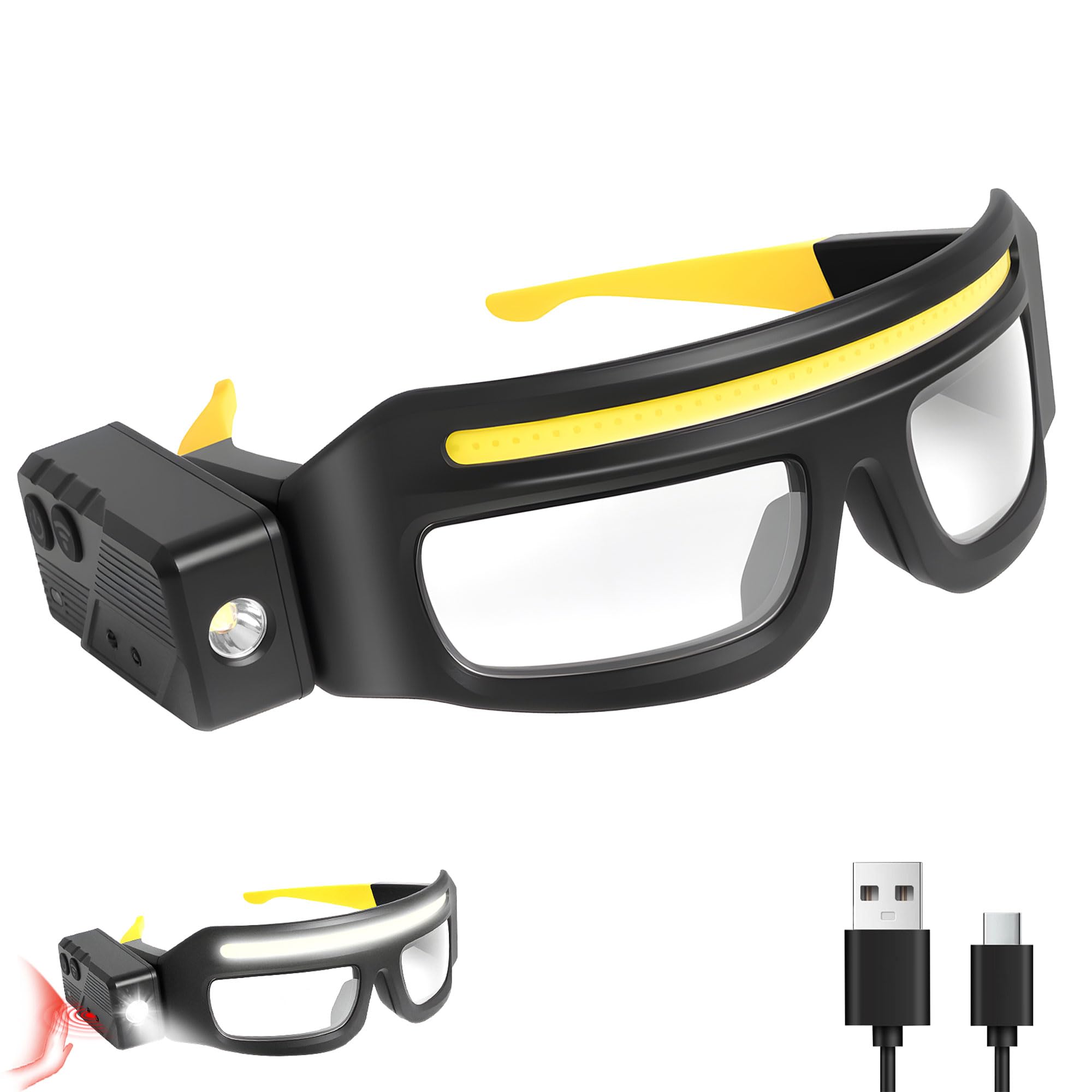 LED Brille Wiederaufladbare Scheinwerferbrille mit Bewegungssensor & Touch-Steuerung, 5 Modi USB C Leuchtende Brille für Laufen Camping Angeln Radfahren Wandern Hände frei Beleuchtete Brille