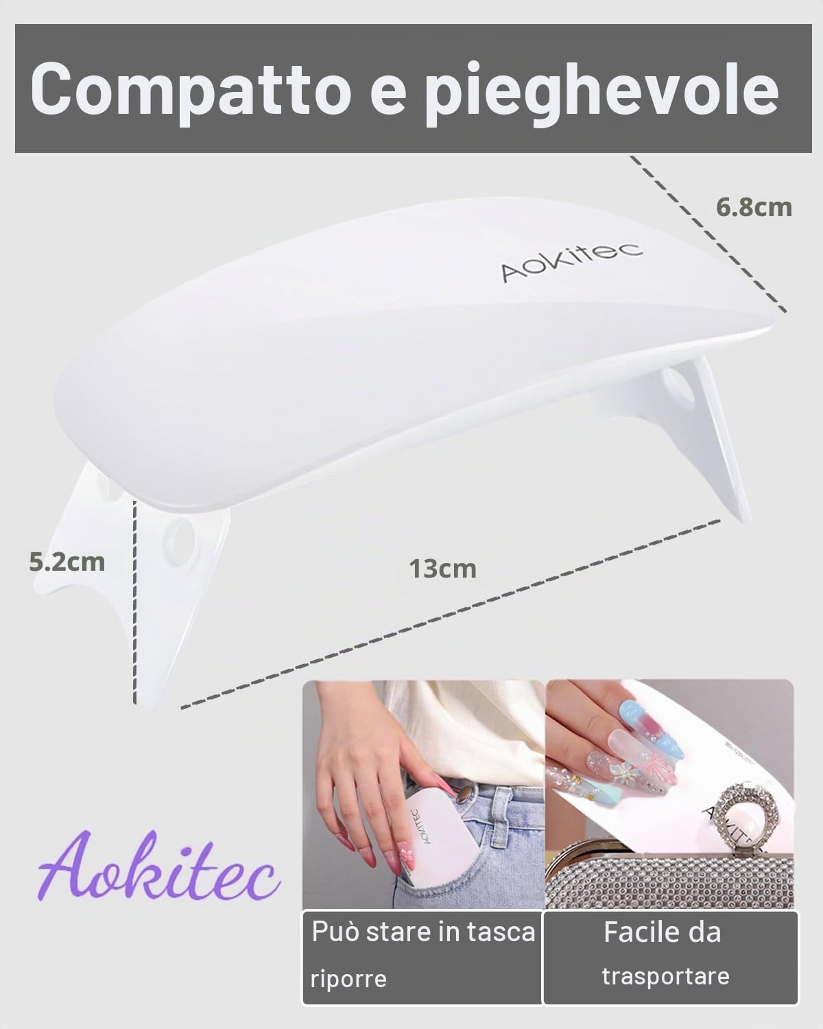 Aokitec Mini lampada per unghie portatile UV a forma di topo, lampada per unghie in gel tascabile con USB per tutti gli smalti gel, asciugatrice con 2 timer