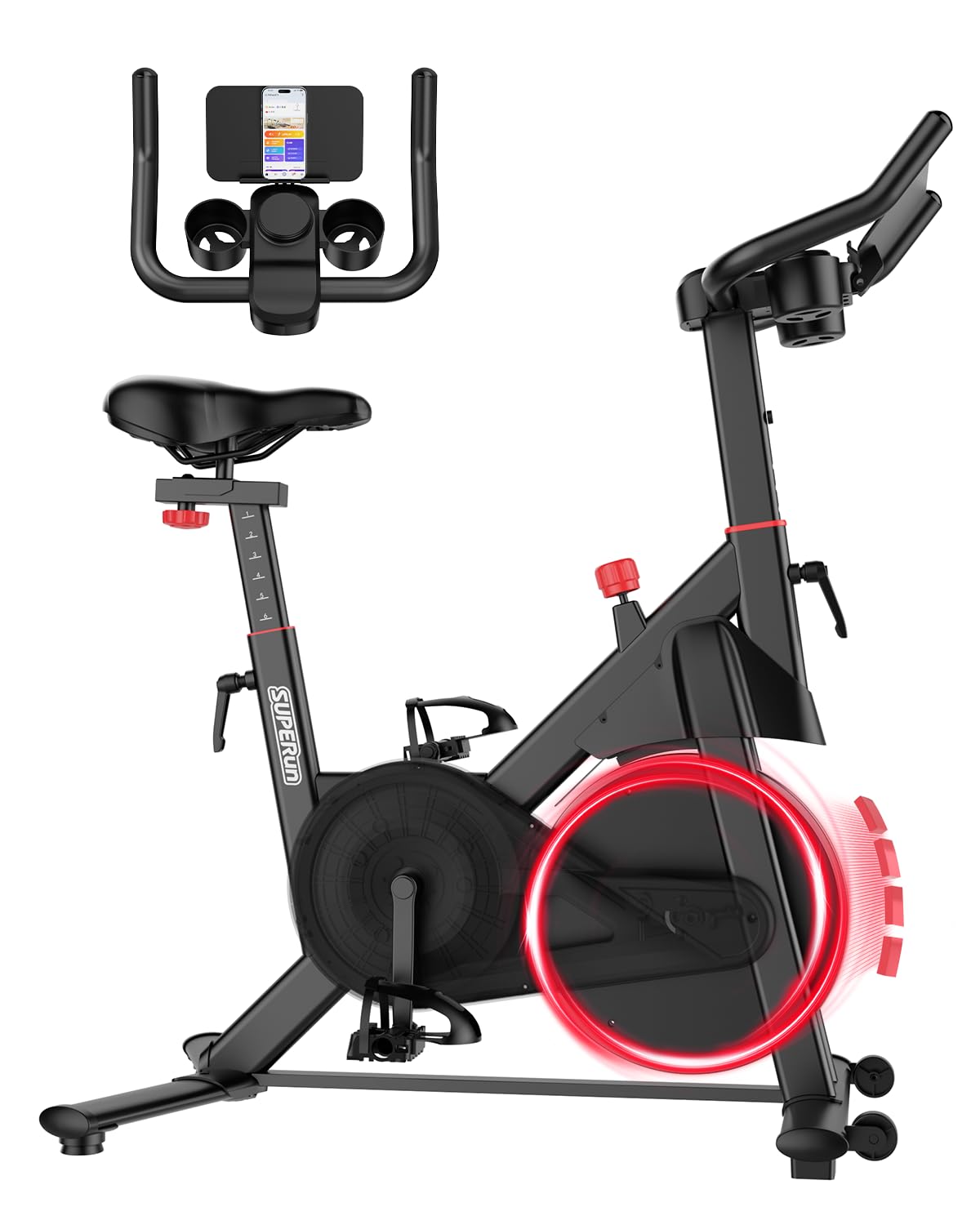 Woman exercising on Superun S1 bike with a tablet displaying the PitPat app interface