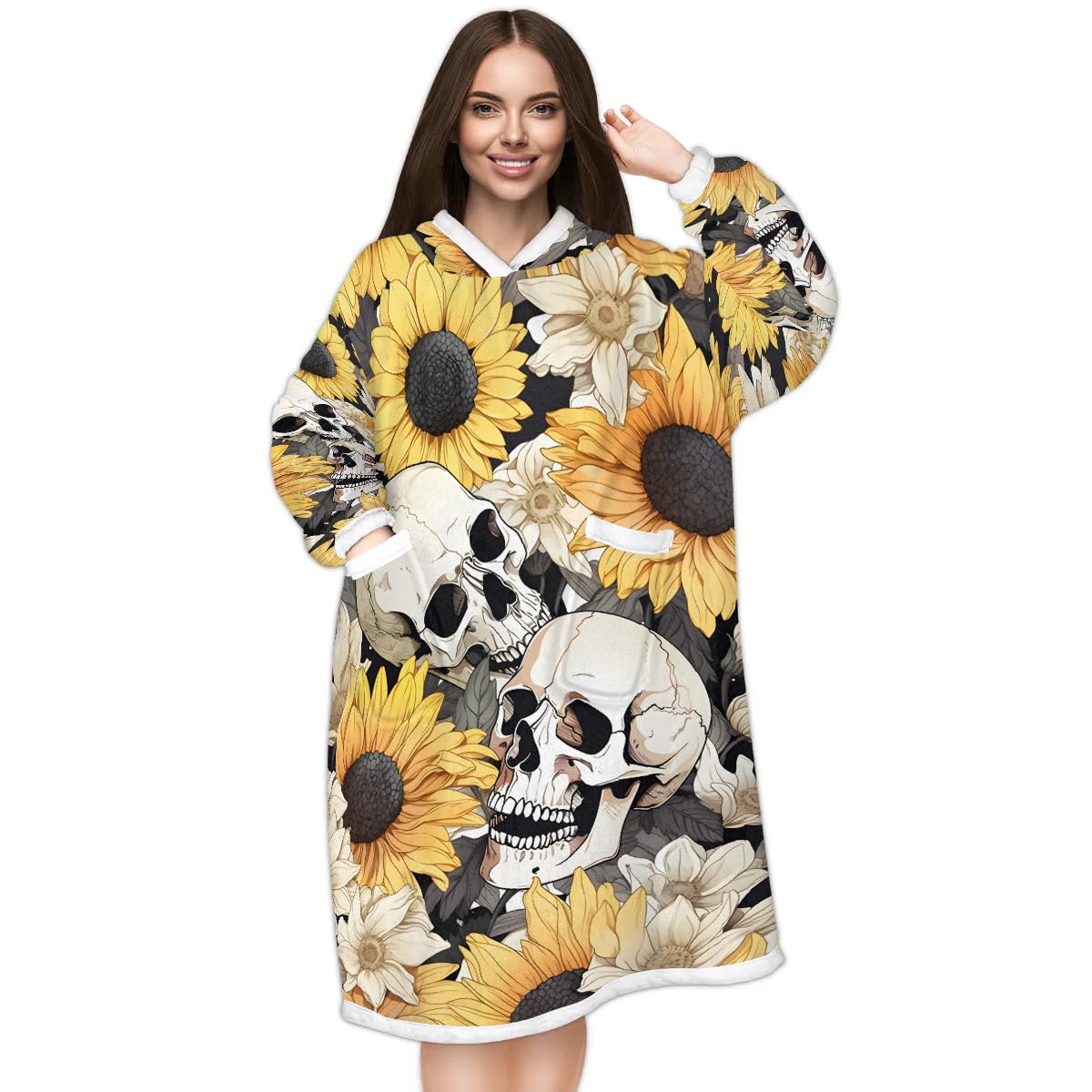 Snatocys Wearable Blanket Hoodie Skull Oversized Fleece Sweatshirt Blanket with Pocket Warm Cozy Hooded Blanket for Adult Gifts for Women Men, Sunflower