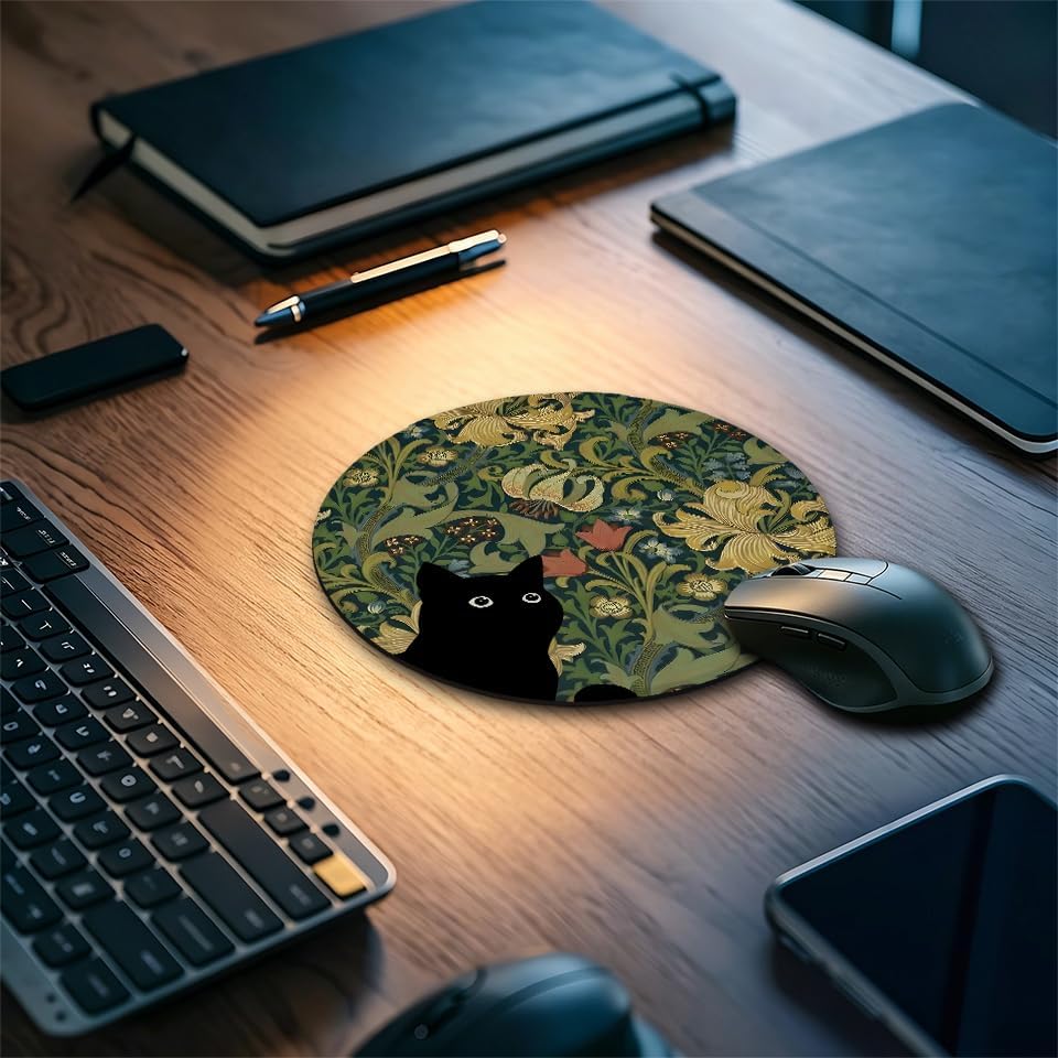 Vintage Floral Black Cat Round Mouse Pad for Desk 7.9x7.9 in image 4