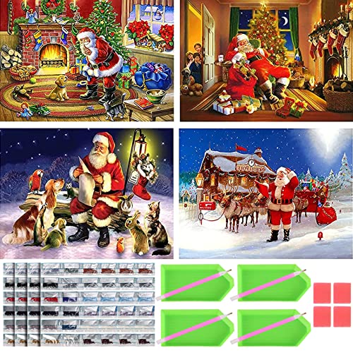 4 Pack Broderie Diamant Noel, 5D DIY Diamond Painting père Noël, Peinture au Diamant Noël Père Noël, Christmas 5D Diamant Peinture, Cristal Arts Strass Craft Décoration De La Maison 30x40 cm