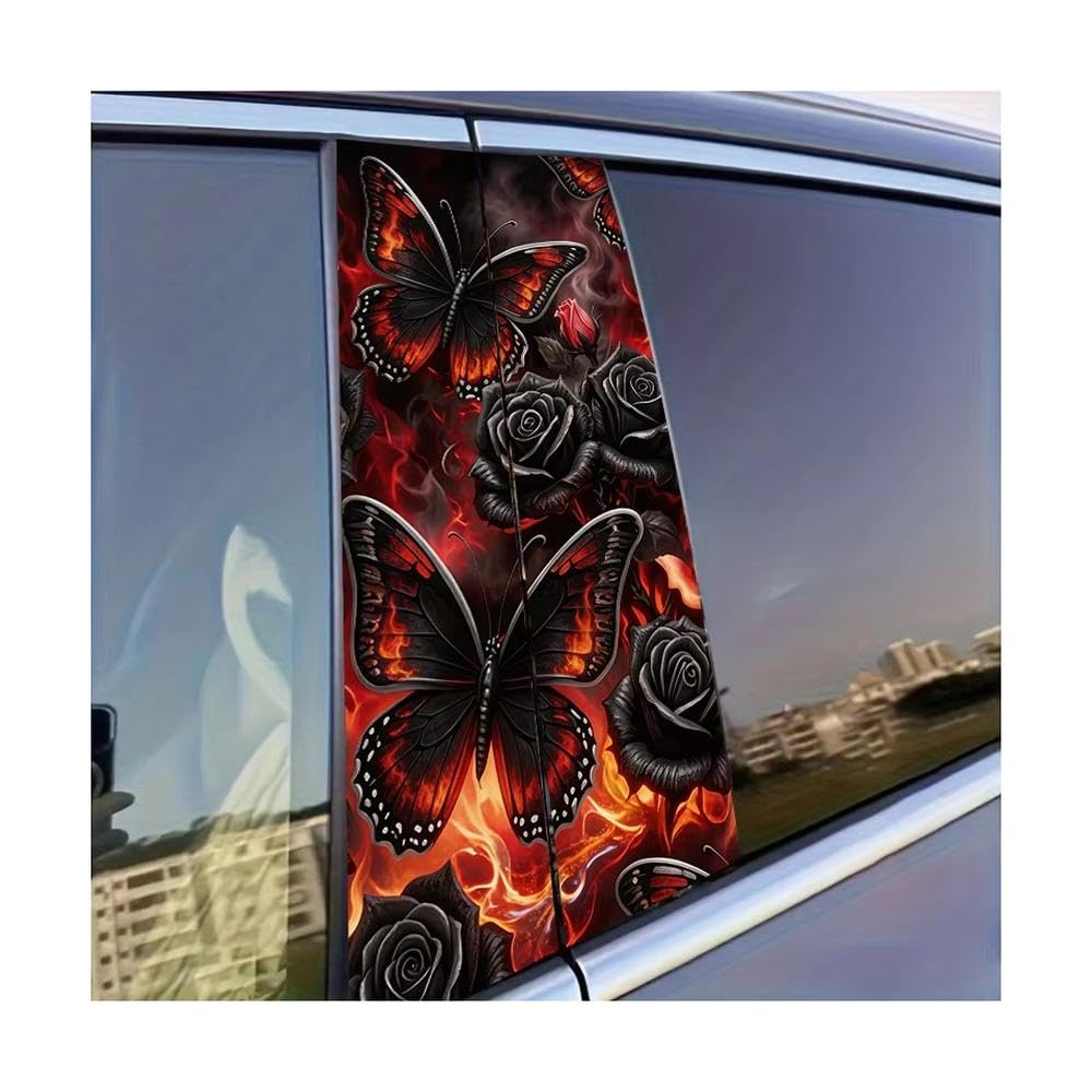 Dabhuoc One Color Car Parts 2 Pcs Car B-Pillar Sticker Flame-Patterned Butterflies & Black Roses Glossy Protective Polyethylene Film