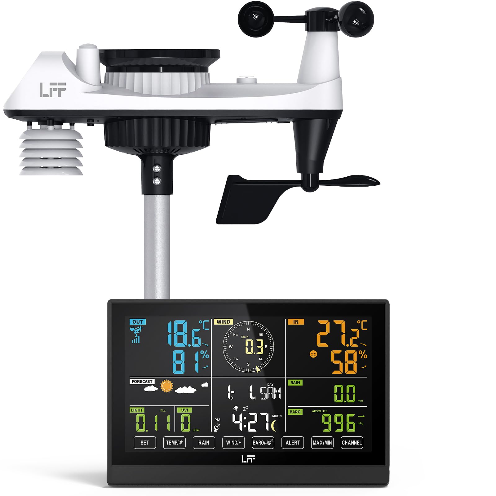 LFF 7-In-1 Wetterstation Funk mit Außensensor, 7,5-Zoll-Display Funkwetterstation mit DCF-Funkuhr, Wetterstation mit 4-Stufen Hintergrundbeleuchtung, UV-Index,Windmesser, Regenmesser, Wettervorhersage