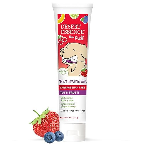 Desert Essence Gel de pasta de dientes sin flúor para niños, sabor Tutti Frutti, seguro para niños pequeños y bebés, sin gluten, sin SLS, sin