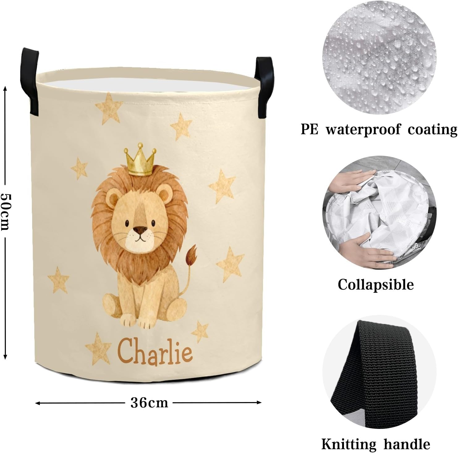 Jungle Crown Lion Personalized Laundry Basket Custom Name Collapsible Waterproof Laundry Hamper Clothes with Handle for Bedroom Bathroom Nursery Decor