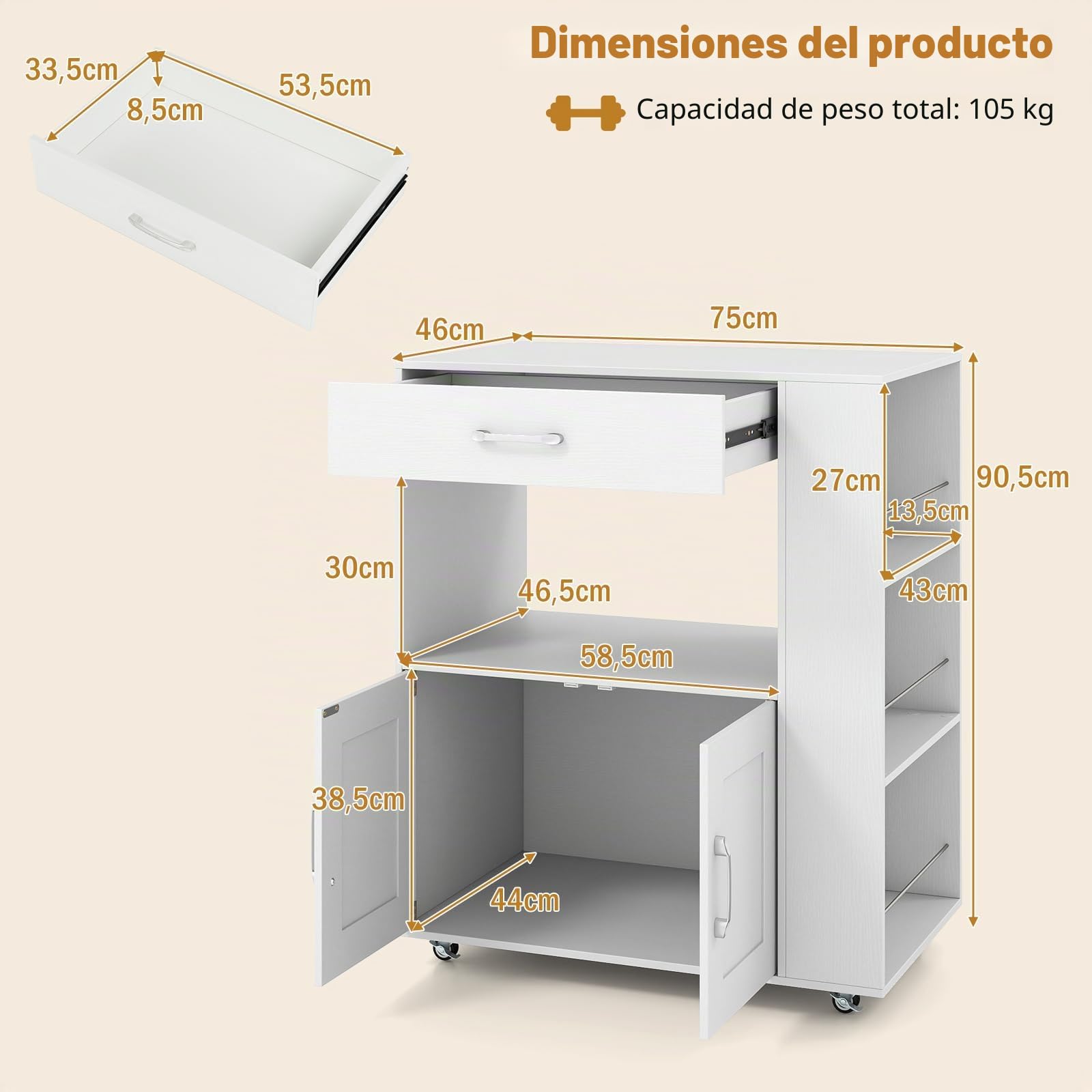 KOMFOTTEU Carro de Cocina con Ruedas, Carrito de Servicio con 3 Estantes Laterales, Armario de Puertas y Cajón, Isla de Almacenamiento con Toallero, 82 x 46 x 92 cm (Blanco)