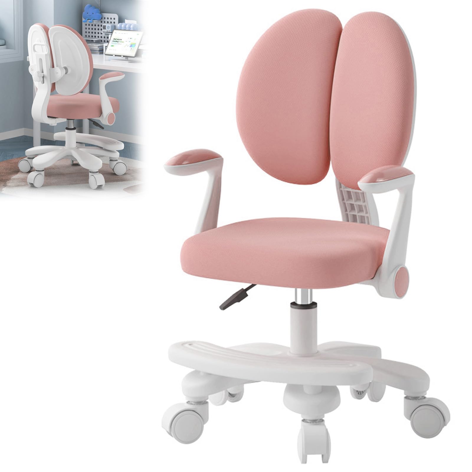 Schreibtischstuhl Kinder, Höhenverstellbarer | Ergonomischer Drehstuhl für Mädchen und Jungen | Bequemer Lernstuhl für Kinderzimmer (Upgrade Modell (Lenker + Schritte), Rosa)