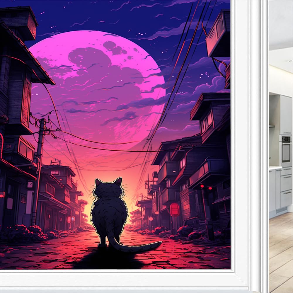 Abstrakte Katze, Buntglas-Fensterfolie, Retro-Stil, japanischer Stil, Tier, gehend, Mondlicht, dekorative Milchglas-Sichtschutzfolie, Hitzeregulierung, statisch haftende Fensteraufkleber, 80 x 120 cm