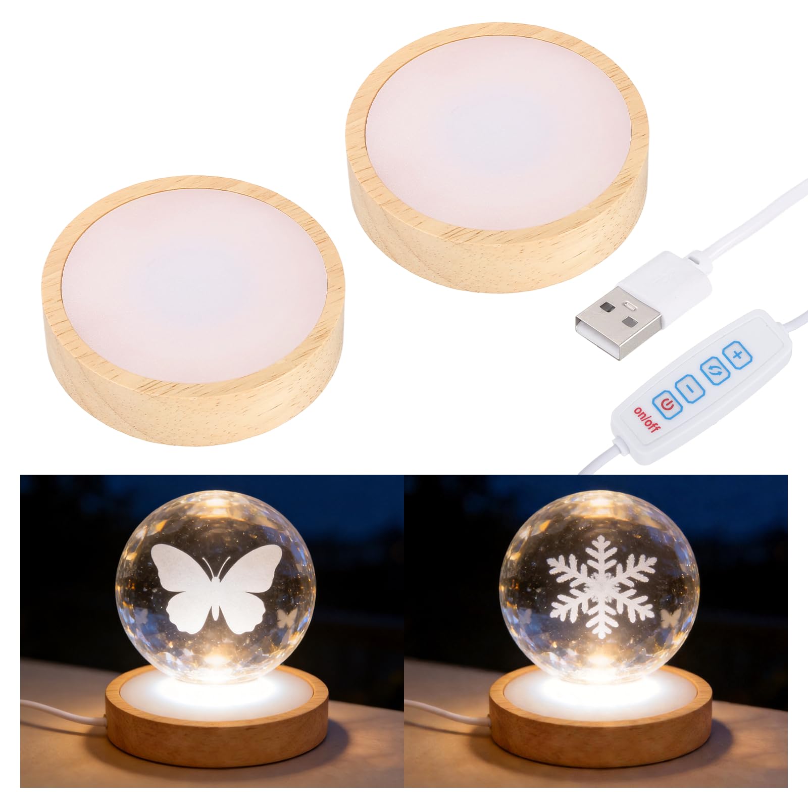 PATIKIL 2 Pcs Wood LED Light Base 8 cm LED Light Stand Lighted Round Crystal Display Base for 3D Glass Art/Acrylic Art Resin Crafts Light Display Stand Room Home Decor, 3 Color