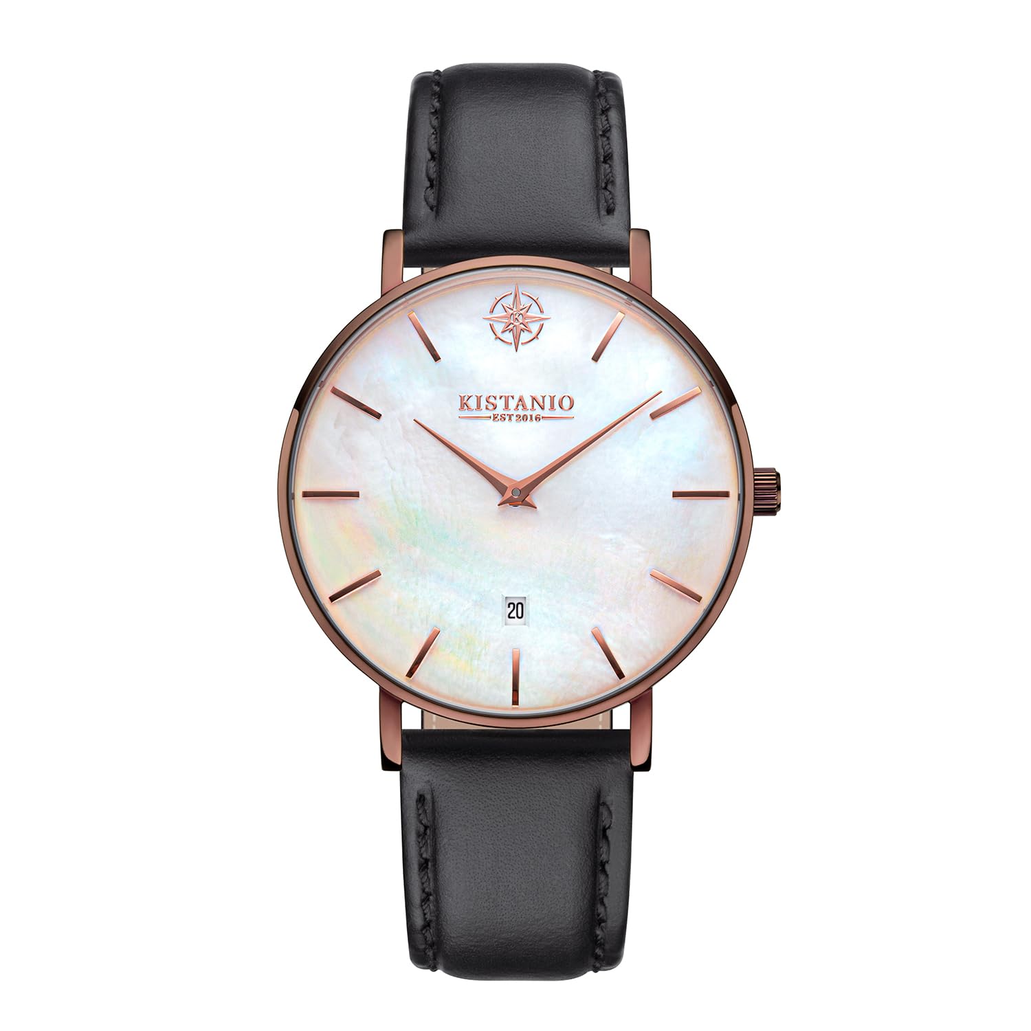 Moyen płaski zegarek damski ze skórzanym paskiem, szkło szafirowe, średnica 38 mm, stal nierdzewna, data, różne warianty, Mocca / masa perłowa / czarny, Pasek